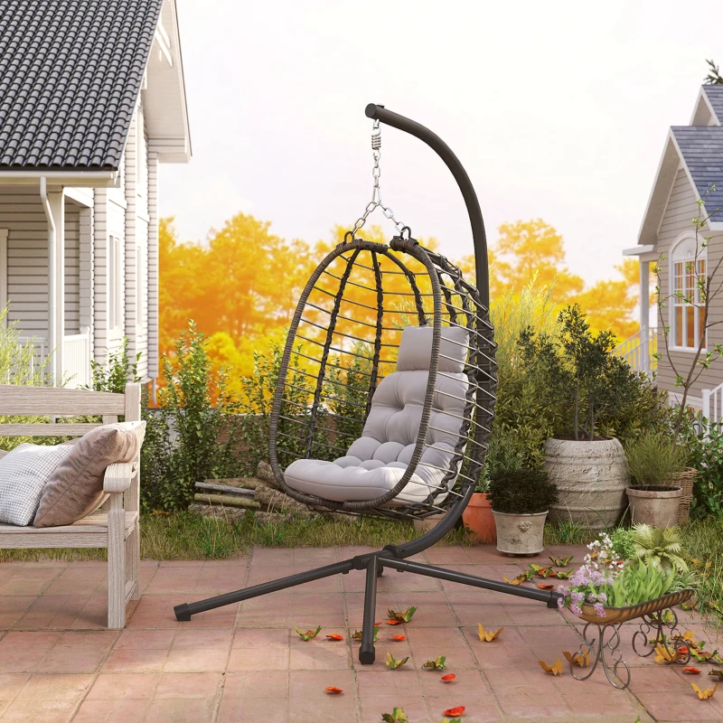 Outsunny Hanging Egg Chair with Stand, Foldable Wicker Rattan Swing Chair with Thick Cushion, Headrest, Light Grey