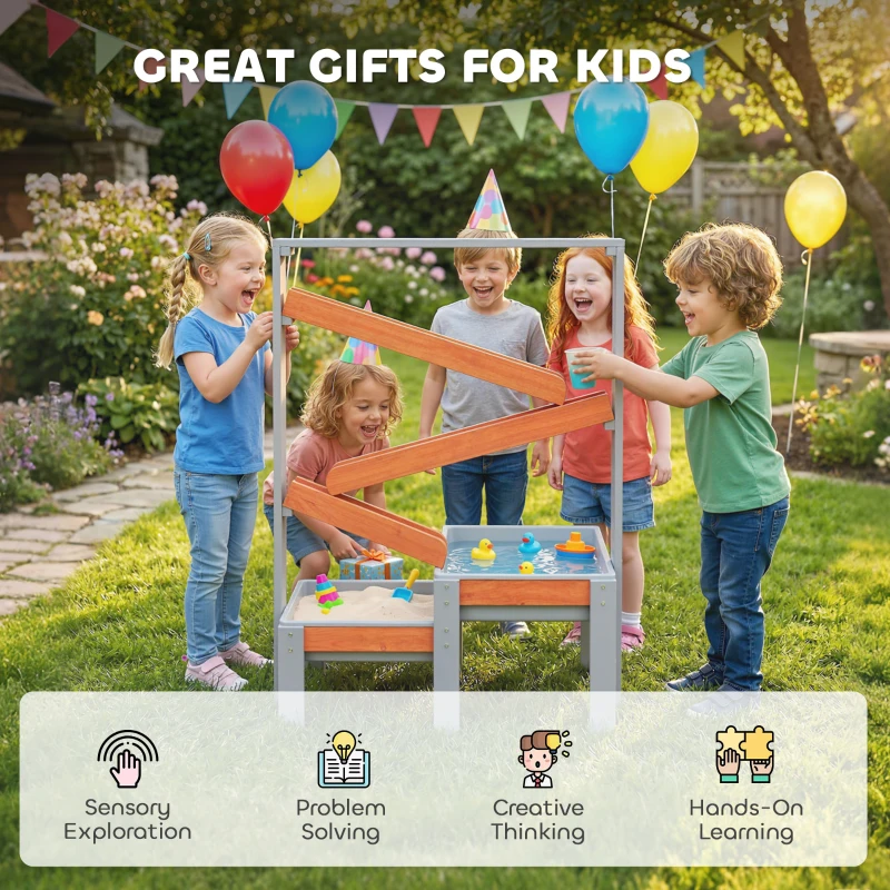 Qaba Wooden Sandbox, Kids Sand and Water Table with Waterway Track and Dual Boxes, Sensory Table for Outdoor, Grey