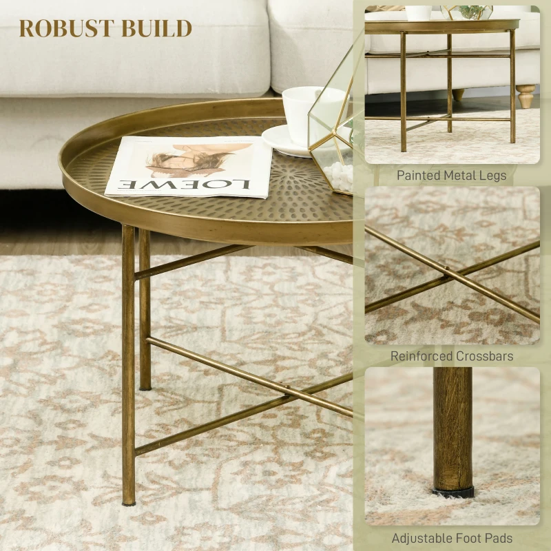 HOMCOM Vintage Coffee Table for Living Room, 24" Round Center Table with Hammered Tray Top and Metal Frame, Gold