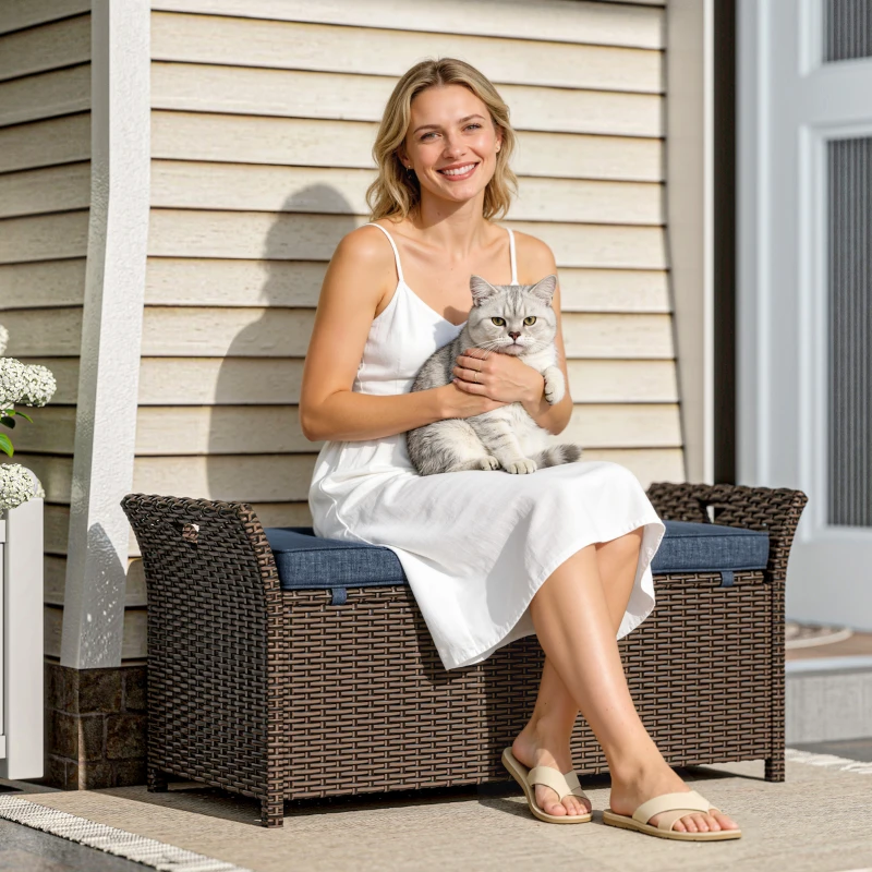 Outsunny 2-In-1 Outdoor Storage Bench, 29 Gallon Wicker Deck Box with Handles and Cushion, Navy Blue