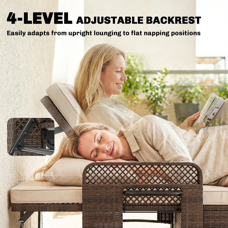 Outsunny 2 Pieces Patio Lounge Chair Set with Cushions, PE Wicker Outdoor Chaise Lounge with Adjustable Backrest, Side Trays