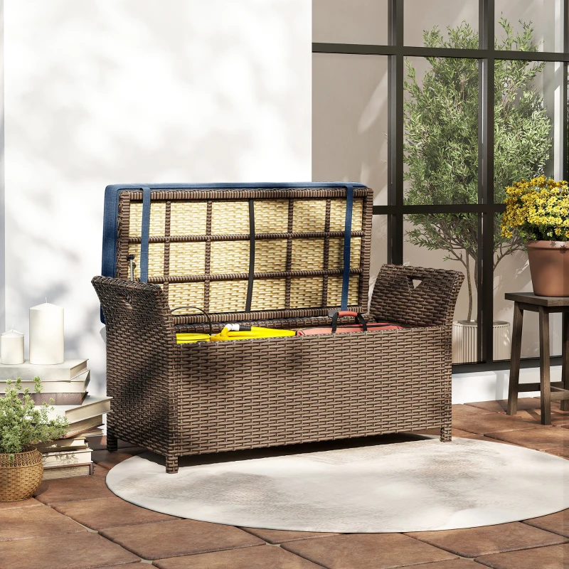 Outsunny 2-In-1 Outdoor Storage Bench, 29 Gallon Wicker Deck Box with Handles and Cushion, Navy Blue