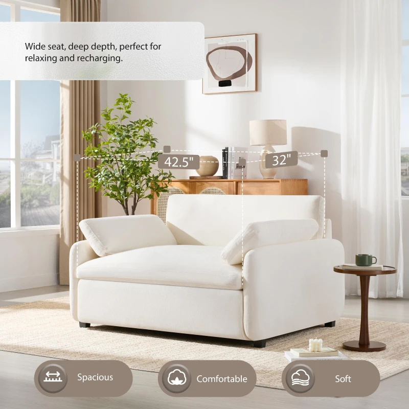 Modern Single Chenille Sofa with Extra-Wide 42.5-Inch Seat, Comfortable Armchair for Bedroom and Living Room, 50" L x 43" W x 34" H, White