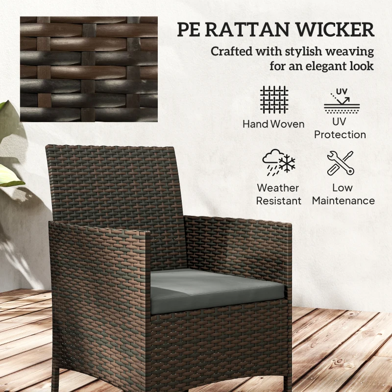 Outsunny Wicker Bistro Set, 3 Piece Patio Furniture Set with 2-Tier Glass Top Table, Cushions for Balcony, Porch, Dark Grey