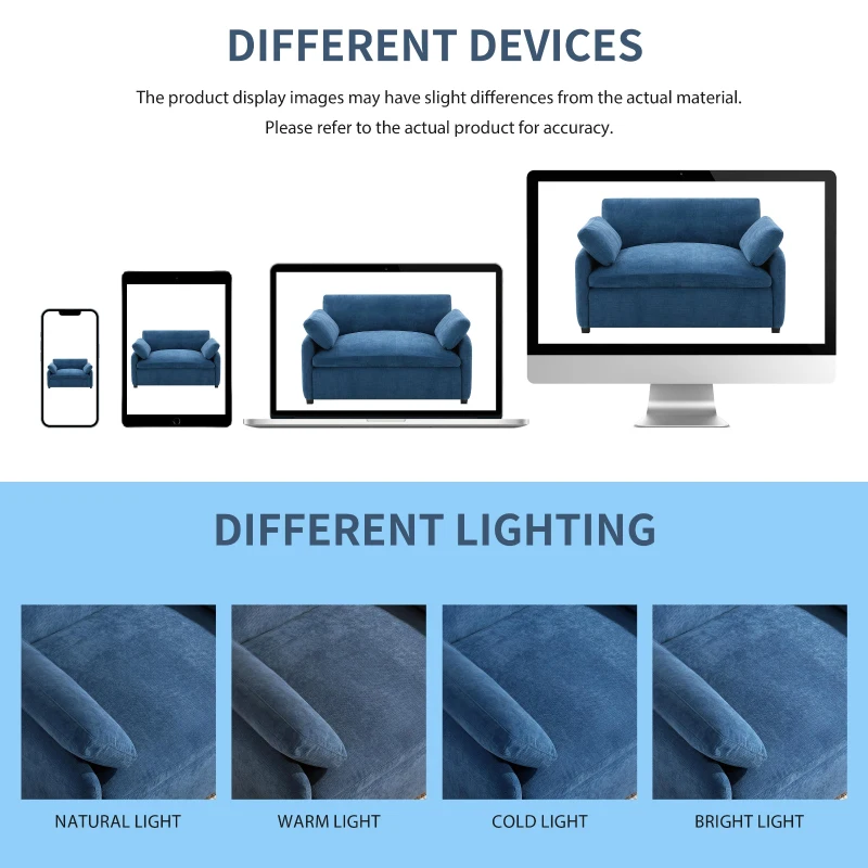 Modern Single Chenille Sofa with Extra-Wide 42.5-Inch Seat, Comfortable Armchair for Bedroom and Living Room, 50" L x 43" W x 34" H, Blue