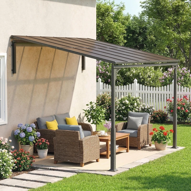 Outsunny 11' x 10' Outdoor Pergola, Wall Mounted Hardtop Lean-to Gazebo with Polycarbonate Roof and Metal-Aluminium Frame