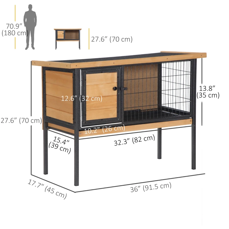 PawHut Rabbit Hutch, Wooden Bunny Cage Indoor Outdoor Bunny Hutch with Tray and Openable Water-Resistant Roof, Yellow