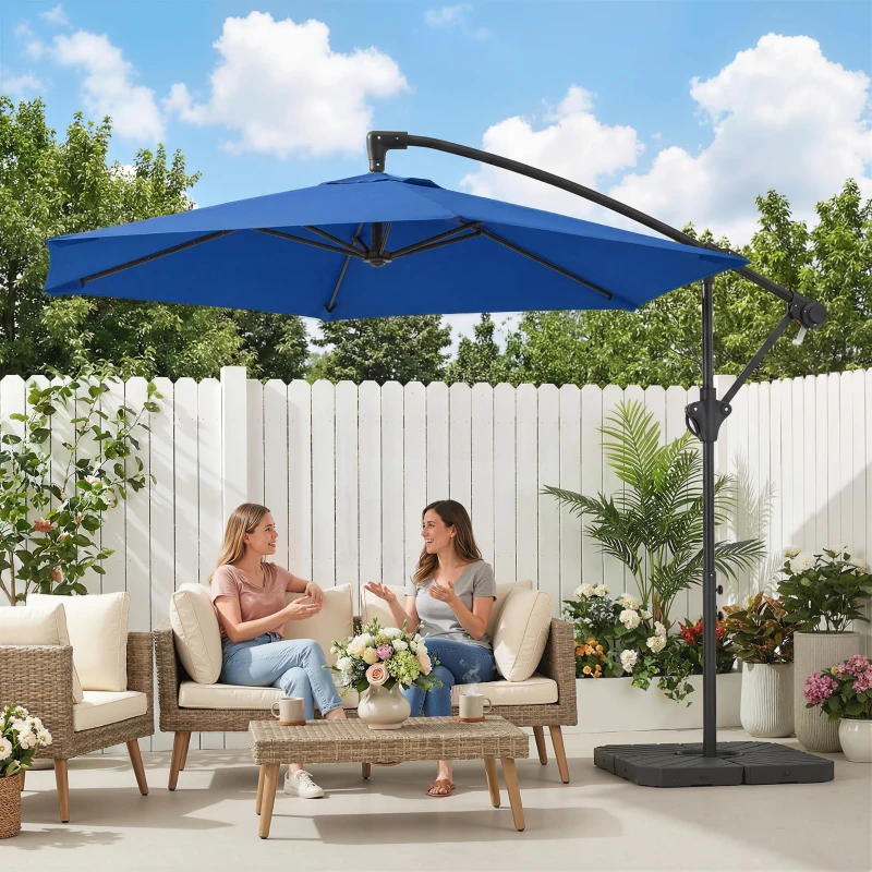 Outsunny 9.7 ft Offset Patio Umbrella with Water/Sand Fillable Weights, Garden Hanging Parasol with Locking Latch, Navy Blue