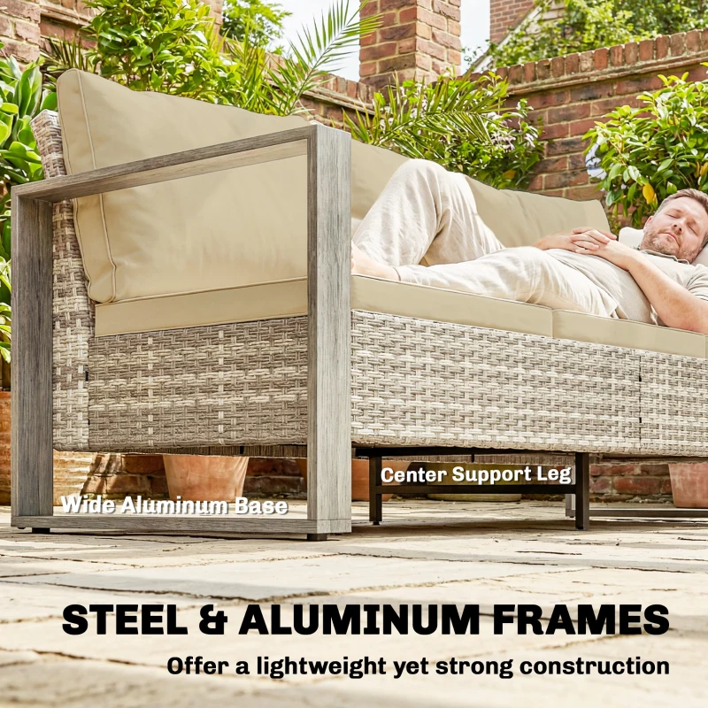 Outsunny 3-Seater Outdoor Couch, PE Wicker Patio Sofa with Deep Seat, Wood-Effect Aluminum Armrests, Cushions, Khaki