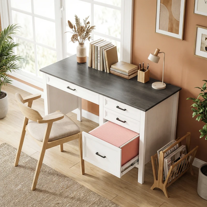 HOMCOM 54" Farmhouse Executive Desk, Computer Desk with Drawers, Adjustable Hanging Rails for for A4/Letter Size Files, White