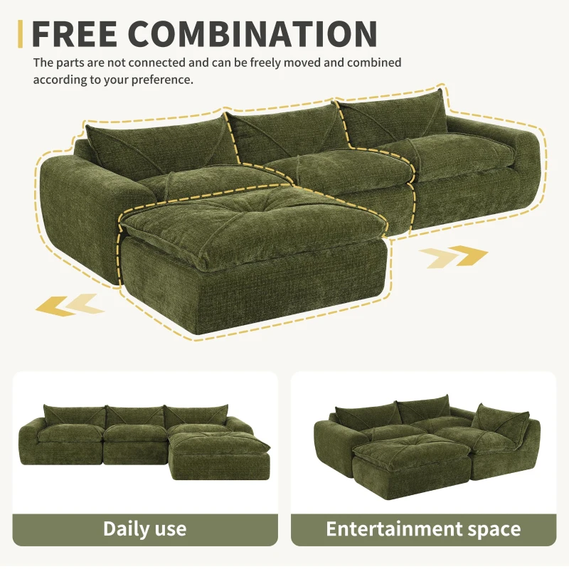 Modular Sectional Sofa with High-Density Foam and Pocket Springs, Oversized Compressed Sofa for Living Room, 116" L x 72" W x 28" H, Green