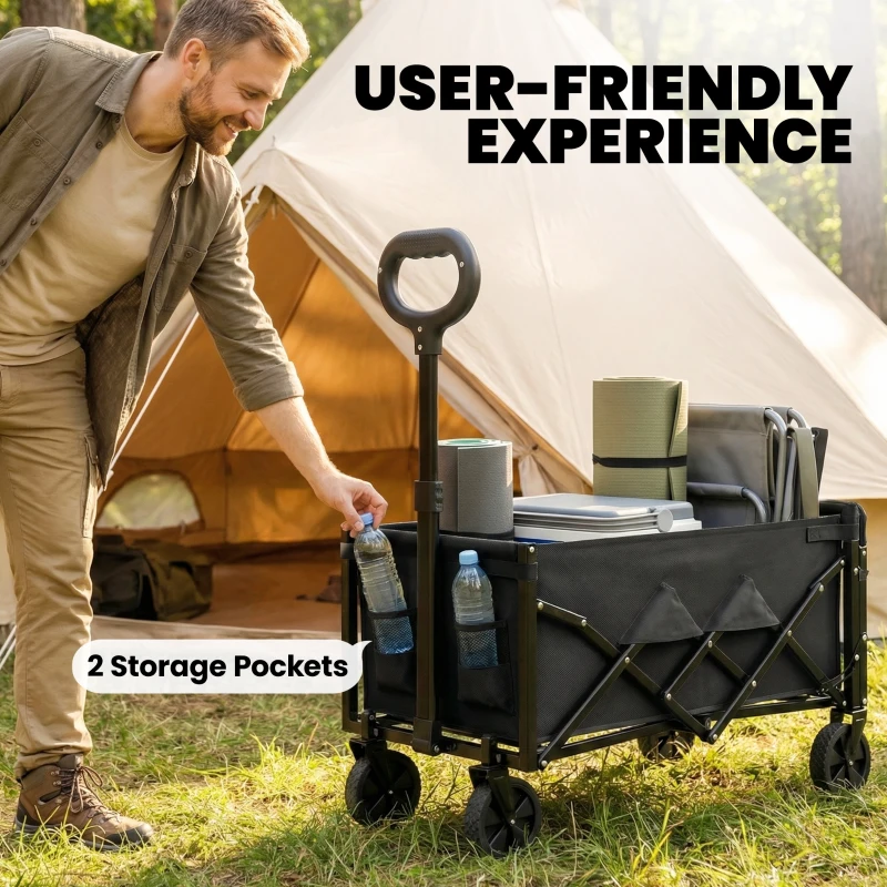 Outsunny 16 Gallon Folding Wagon Cart with Wheels, Heavy-Duty Collapsible Wagon with Drop-Down Tailgate, Black