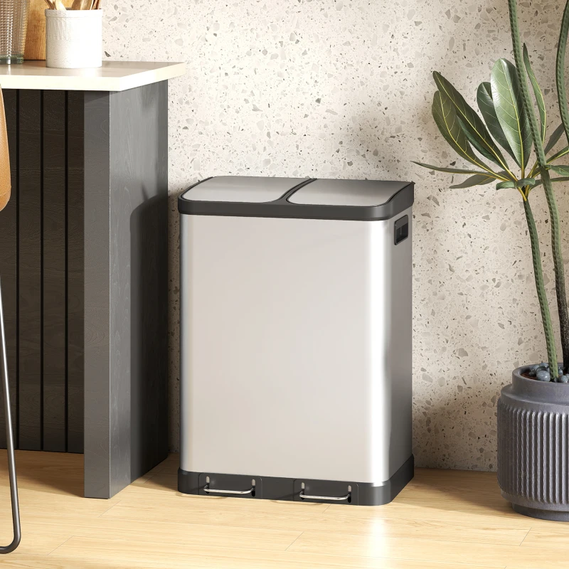 HOMCOM Kitchen Garbage Bin, 2 x 7.9 Gal (2 x 30 L) Trash Can, Soft-Close Garbage Can with Removable Inner Buckets, Silver