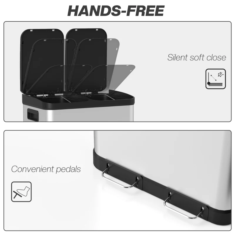 HOMCOM Kitchen Garbage Bin, 2 x 7.9 Gal (2 x 30 L) Trash Can, Soft-Close Garbage Can with Removable Inner Buckets, Silver