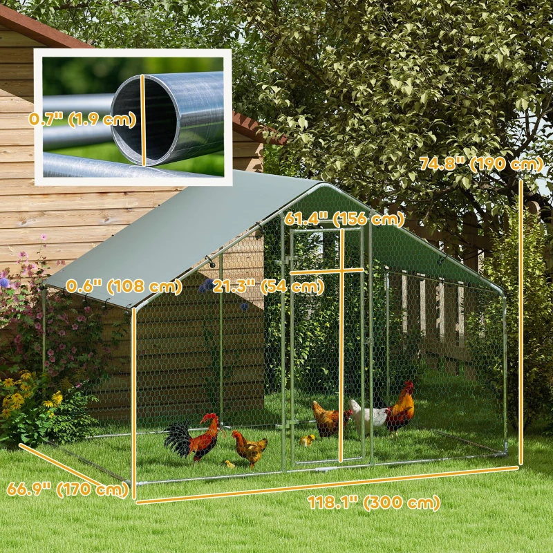 PawHut Metal Chicken Coop, 9.8 x 5.6 FT Walk-in Chicken Run with Cover, Lockable Door, Outdoor Poultry Cage for 5-8 Chickens