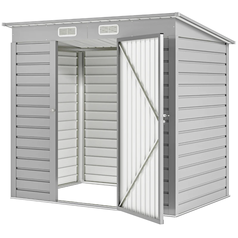 Outsunny 6 x 4FT Galvanized Garden Storage Shed, Metal Outdoor Shed with Double Doors and 2 Vents, Light Grey