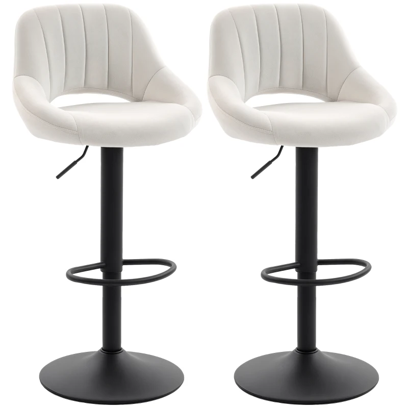 HOMCOM Bar Stools Set of 2, Swivel Counter Height Barstools with Adjustable Height and Cutout Back, Velvet Upholstered Bar Chairs with Round Metal Base and Footrest, Cream