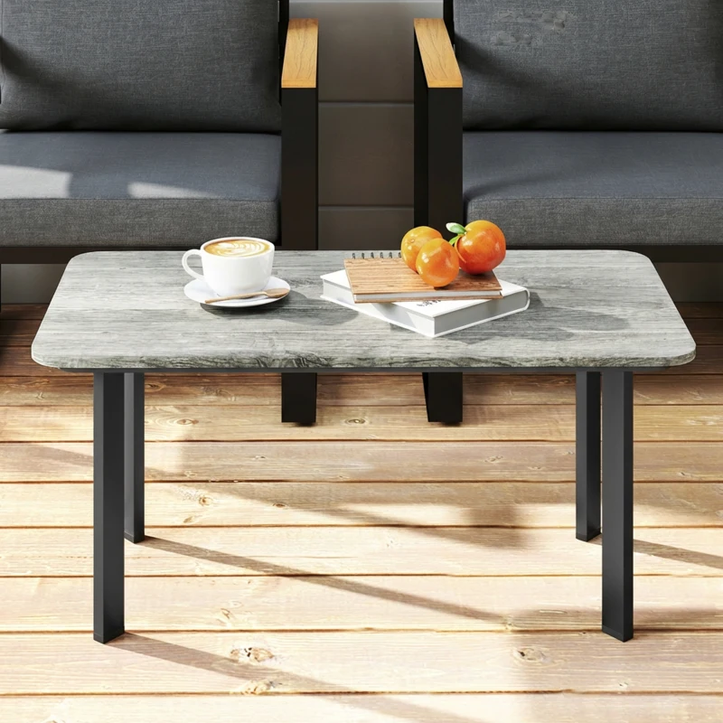 Outsunny Outdoor Garden Coffee Table, Patio Table with Slatted Wood Plastic Composite Top and Steel Frame, Grey