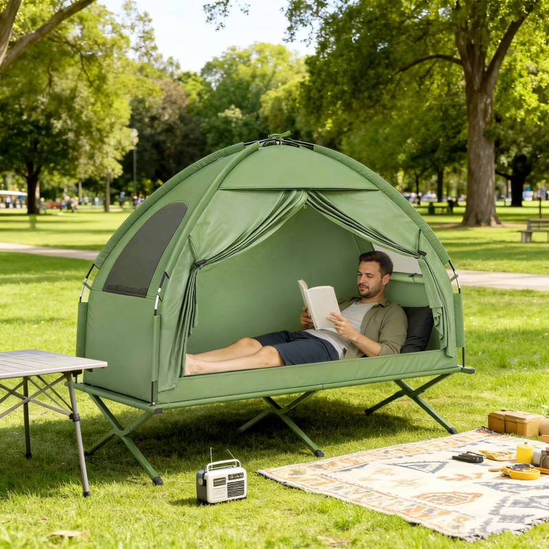 Outsunny Compact Pop Up Portable Folding Outdoor Elevated Camping Cot Tent Combo Set Dark Green