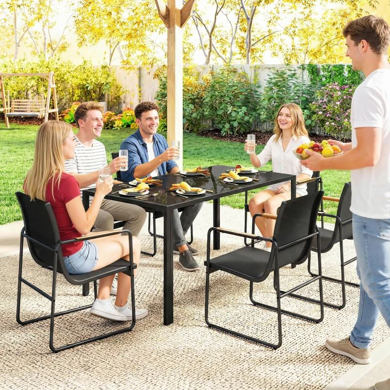Outsunny 7 Pieces Outdoor Dining Set for 6, Glass Patio Table and Chairs with Decorative Armrests, All Weather Mesh, Black