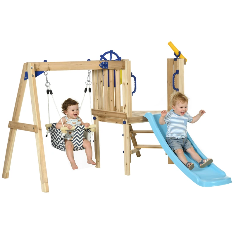 Outsunny Wooden Kids Swing Set with Slide, Swing Seat, Captain's Wheel, Telescope, for Ages 18-48 Months, Natural