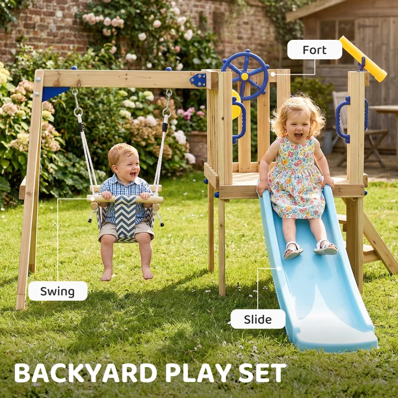 Outsunny Wooden Kids Swing Set with Slide, Swing Seat, Captain's Wheel, Telescope, for Ages 18-48 Months, Natural