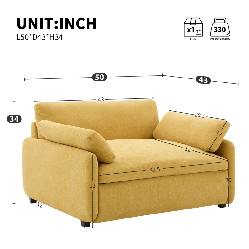 Modern Single Chenille Sofa with Extra-Wide 42.5-Inch Seat, Comfortable Armchair for Bedroom and Living Room, 50" L x 43" W x 34" H, Yellow