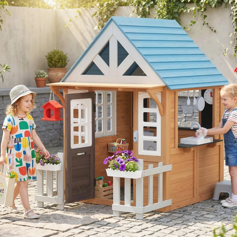 Qaba Wooden Kids Playhouse with Pet Door, Play Kitchen, Mailbox, Doorbell, Birdhouse, Fence and Windows for Pretend Play