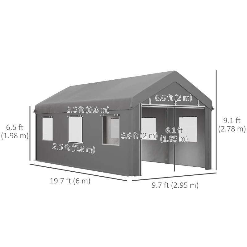 Outsunny 10' x 20' Carport, Heavy Duty Portable Garage with 6 Mesh Windows and 2 Doors, Light Grey