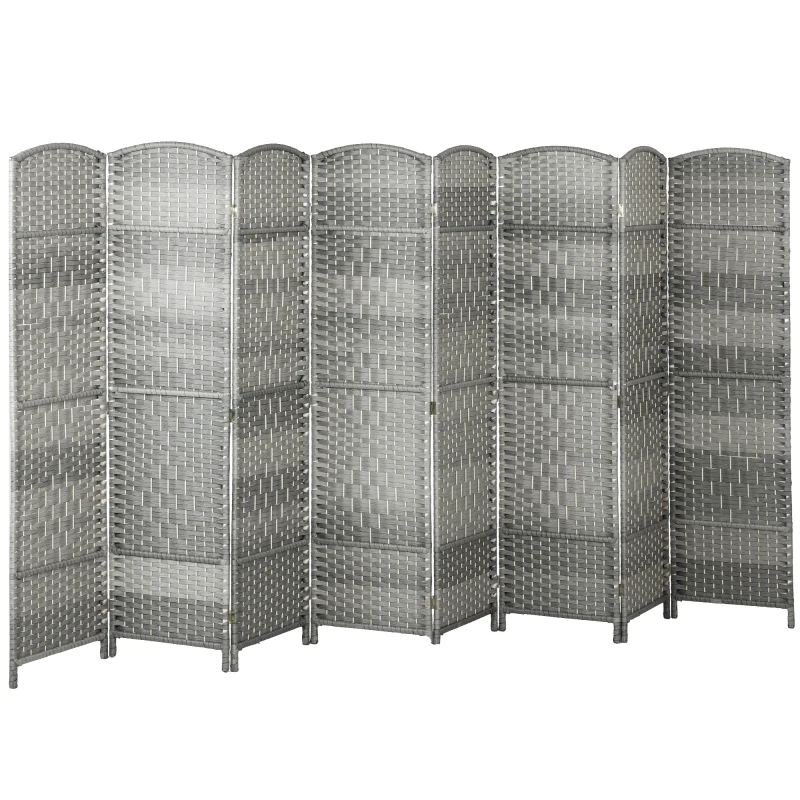 HOMCOM 6 Ft Tall Folding Room Divider, 8 Panel Portable Privacy Screen, Hand-Woven Partition Wall Divider, Mixed Grey