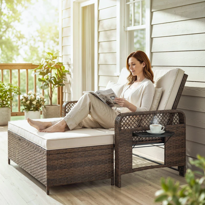 Outsunny 2 Pieces Patio Lounge Chair Set with Cushions, PE Wicker Outdoor Chaise Lounge with Adjustable Backrest, Side Trays