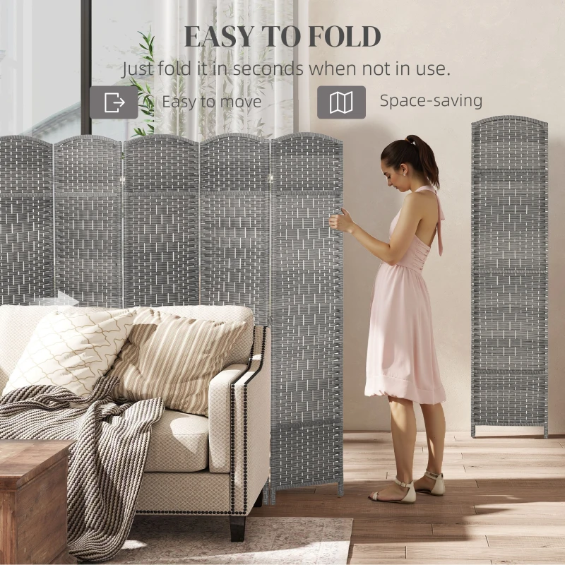 HOMCOM 6 Ft Tall Folding Room Divider, 8 Panel Portable Privacy Screen, Hand-Woven Partition Wall Divider, Mixed Grey