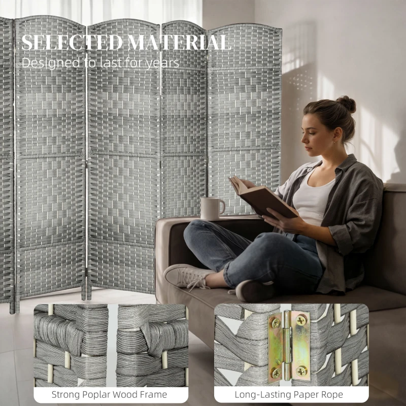 HOMCOM 6 Ft Tall Folding Room Divider, 8 Panel Portable Privacy Screen, Hand-Woven Partition Wall Divider, Mixed Grey