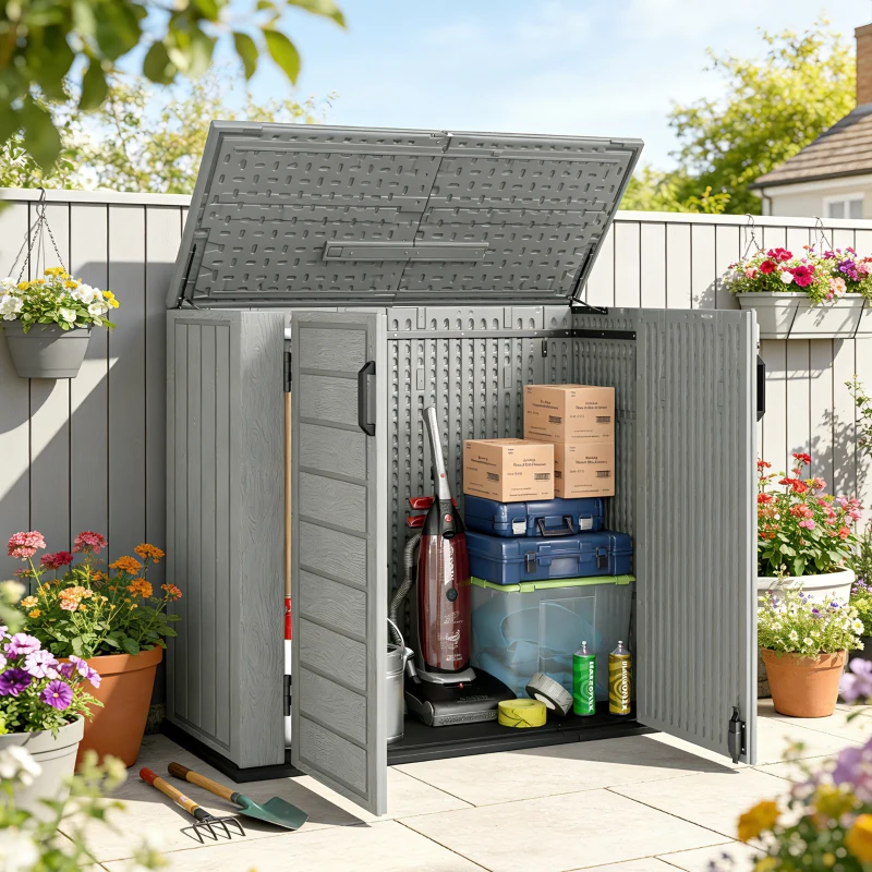 Outsunny 33 Cu.ft Plastic Outdoor Storage Shed, Storage Cabinet Tool Box with Lockable Double Doors and Flip-Top Lid Light Grey