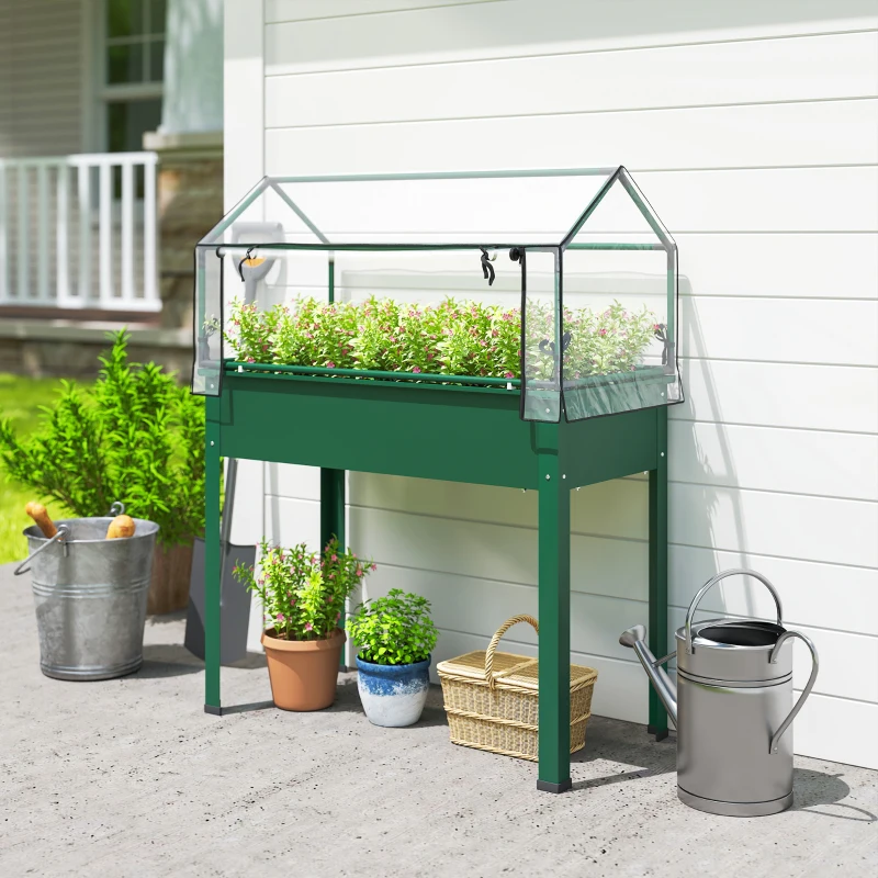 Outsunny Elevated Garden Box with Greenhouse Cover, Raised Garden Bed with Legs and Drainage Hole for Vegetables, Green