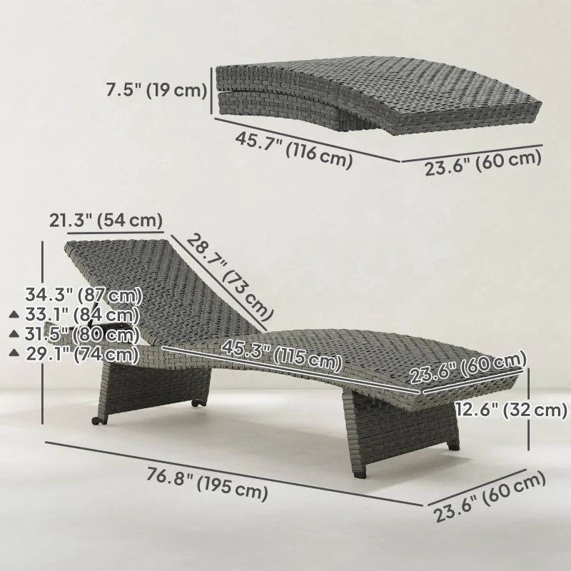 Outsunny Patio Lounger, Folding Wicker Outdoor Chaise Lounge with 4-Level Adjustable Backrest, Grey