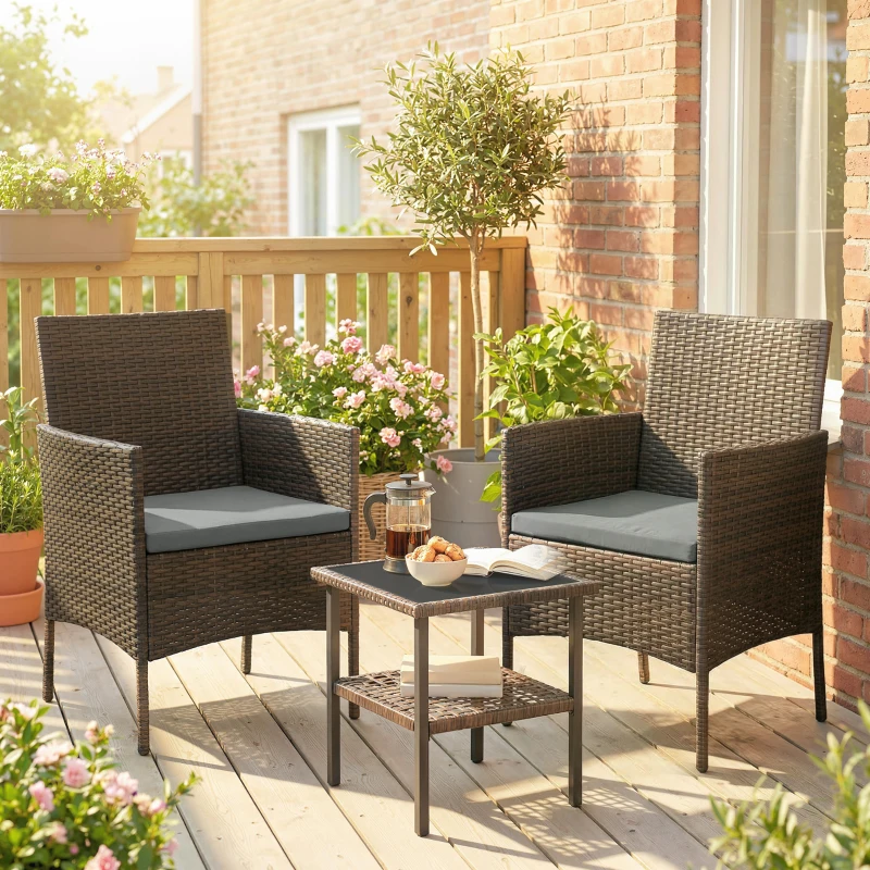 Outsunny Wicker Bistro Set, 3 Piece Patio Furniture Set with 2-Tier Glass Top Table, Cushions for Balcony, Porch, Dark Grey