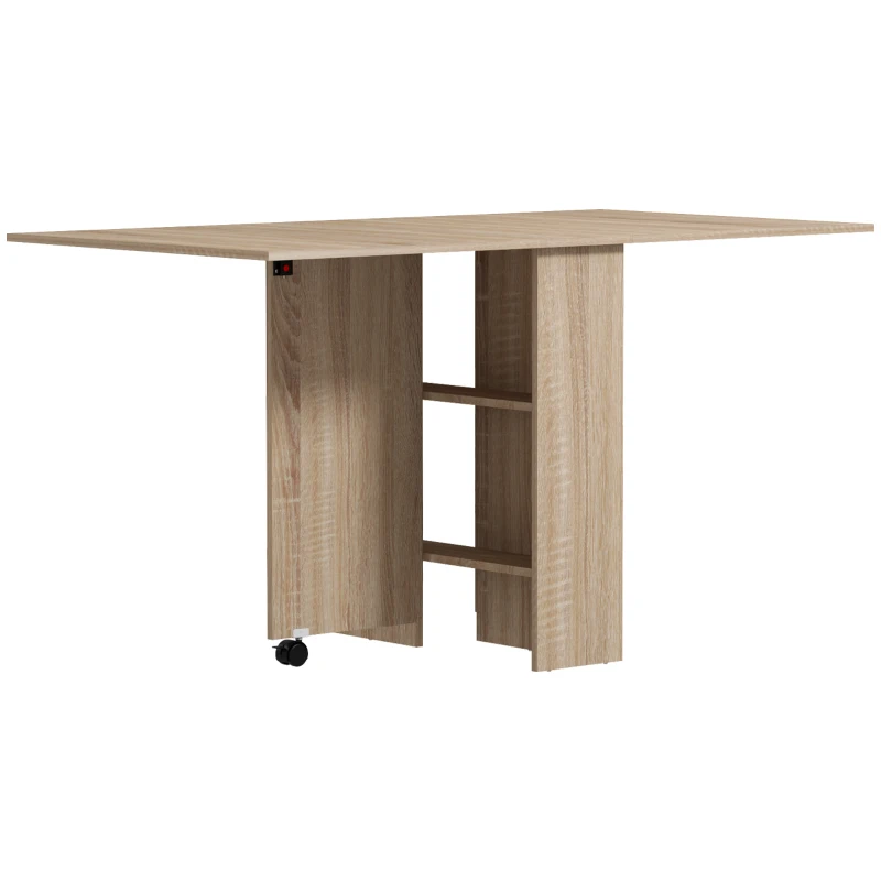 HOMCOM Extendable Dining Table, Collapsible Folding Table w/ 2-tier Shelves and Rolling Casters, Nature Wood