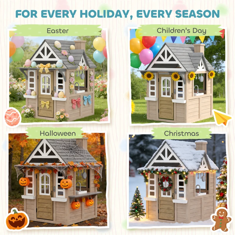 Qaba Outdoor Playhouse, Wooden Kids Playhouse with Dog Door, Cookware, Planter Box, Bell, Blackboard, Clock for Backyard