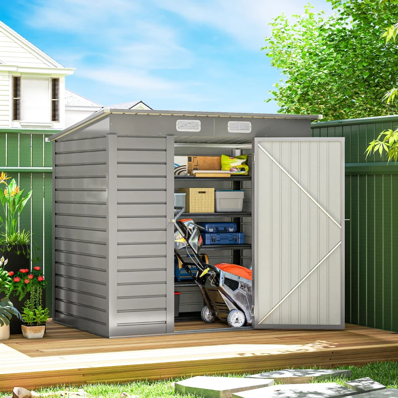 Outsunny 6 x 4FT Galvanized Garden Storage Shed, Metal Outdoor Shed with Double Doors and 2 Vents, Light Grey