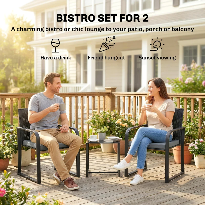Outsunny Outdoor Bistro Set, 3 Piece Wicker Patio Furniture with Mesh Seat, Glass Table, Cushions for Porch, Balcony, Grey