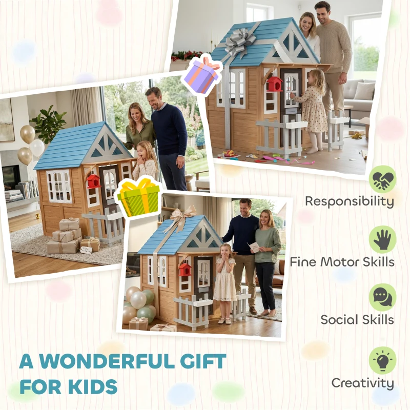Qaba Wooden Kids Playhouse with Pet Door, Play Kitchen, Mailbox, Doorbell, Birdhouse, Fence and Windows for Pretend Play