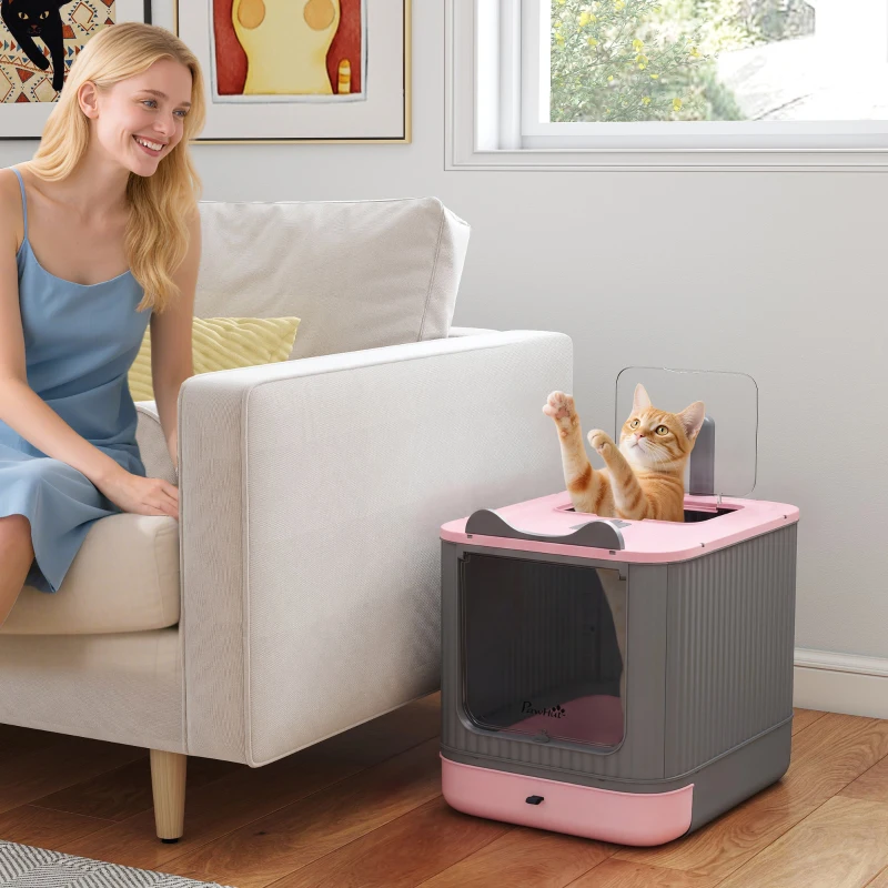 PawHut Cat Litter Box with Lid, Enclosed Litter Box for Medium Cats, Front-Entry and Top-Exit, Scoop, Deodorizer Bag, Pink