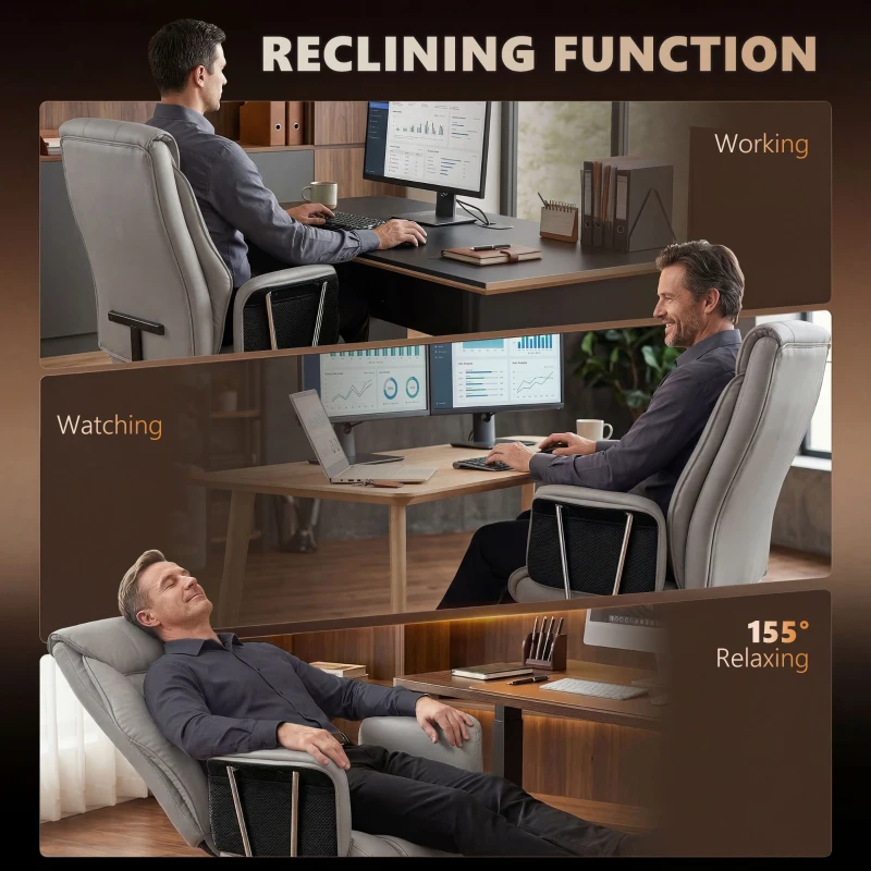 HOMCOM Massage Office Chair with 6 Points Vibration, Executive Desk Chair with High Back, PU Leather, Footrest, Gray