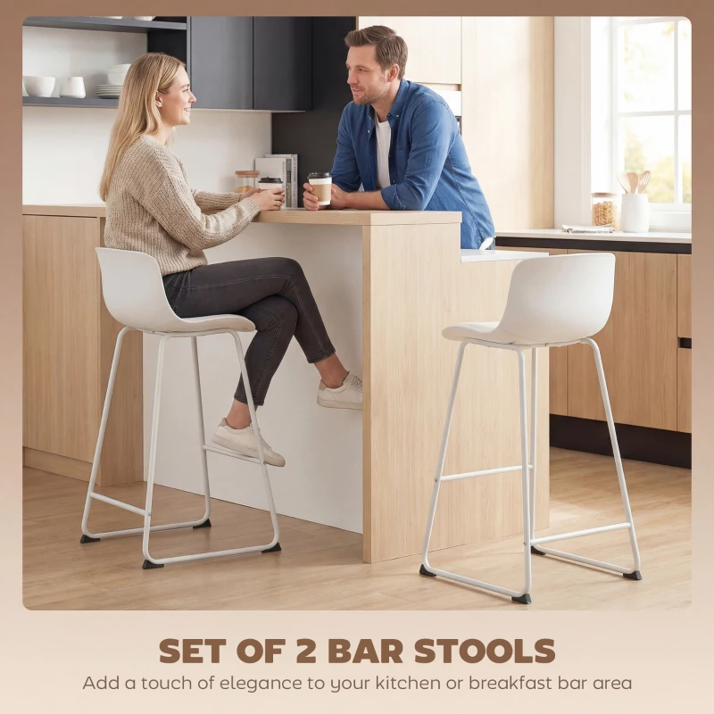 HOMCOM Modern Bar Stools Set of 2, PU Leather Barstools, Counter Height Kitchen Chairs for Breakfast Bars, Dining Room, White