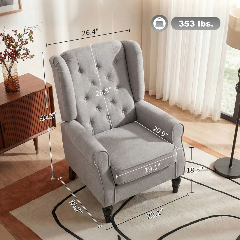 HOMCOM Mid-Century Modern Accent Chair, High Wingback Reading Chair, Button-Tufted Upholstered Fabric Armchair with Retro Wood Legs for Apartment, Living Room, Bedroom, Gray