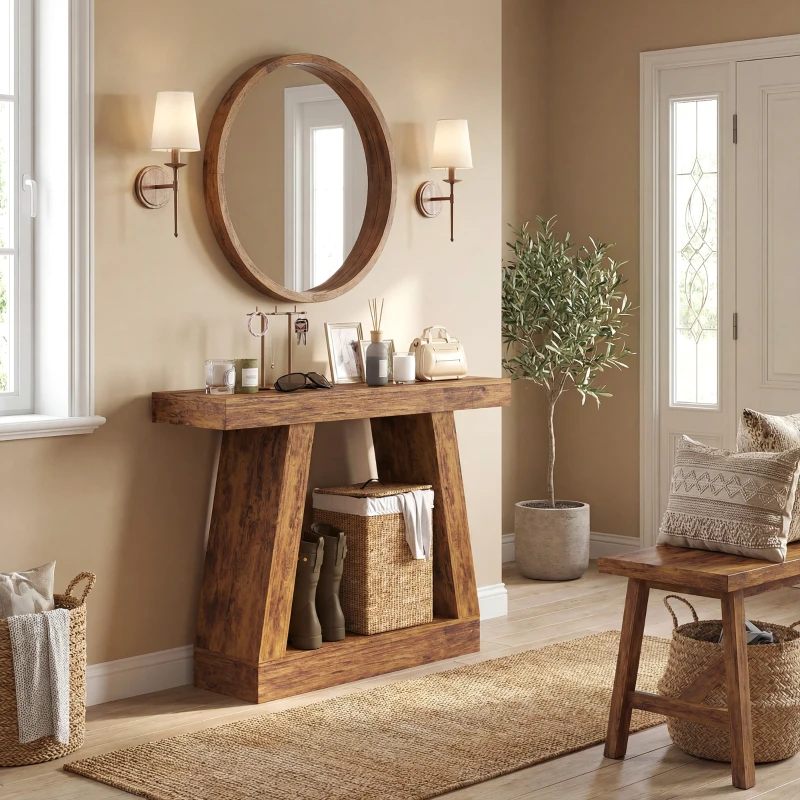 HOMCOM 42" Farmhouse Console Table, 2-Tier Entryway Table with Storage for Hallway, Living Room, Behind Couch, Dark Brown