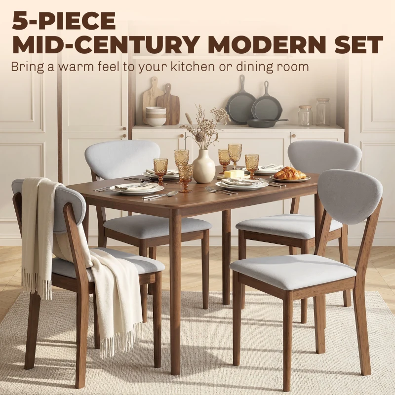 HOMCOM 5-Piece Dining Table Set for 4, Mid-Century Modern Kitchen Table and Chairs, Light Gray