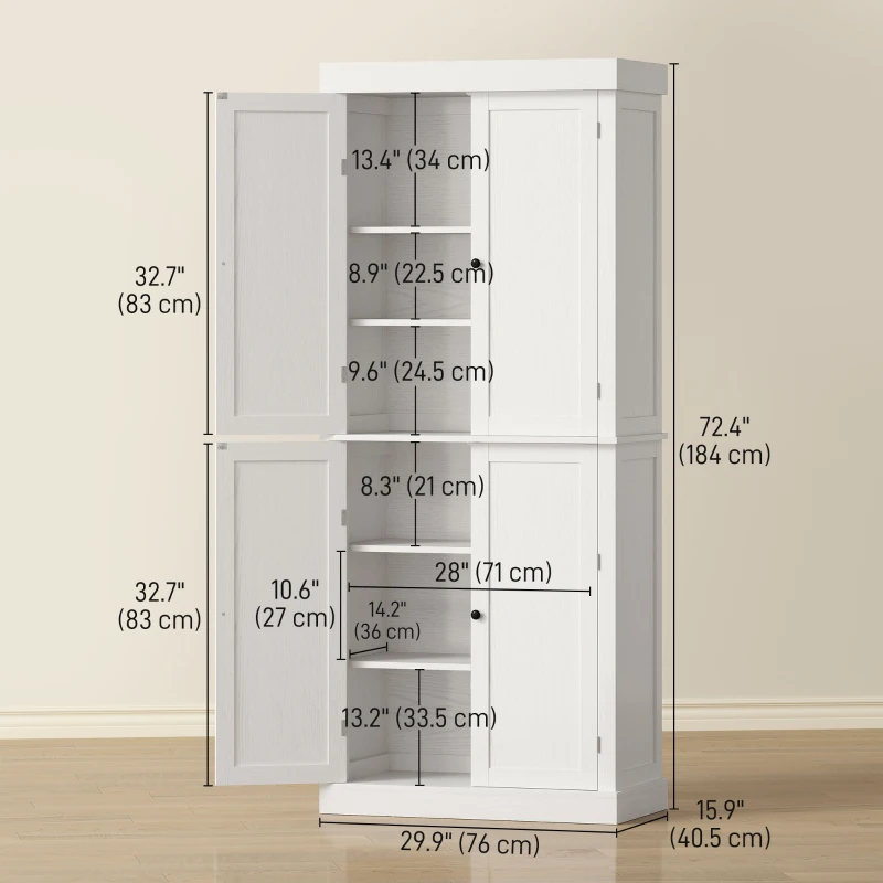 HOMCOM 72.5" Freestanding Kitchen Pantry Cabinet with 4 Doors, White