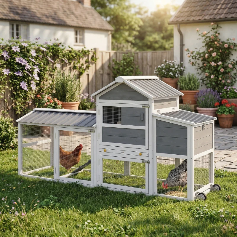 PawHut Chicken Coop with Wheels, 80" L Mobile Hen House with Run, Outdoor Wooden Chicken House with Nesting Box, Tray, Ramp